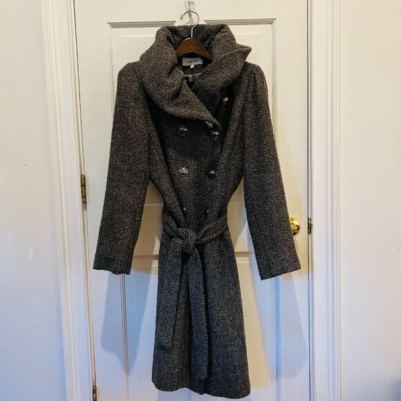 Calvin Klein Women’s Size M Wool Blend Coat Tie Belt Tweed Paris Vintage - Picture 1 of 16